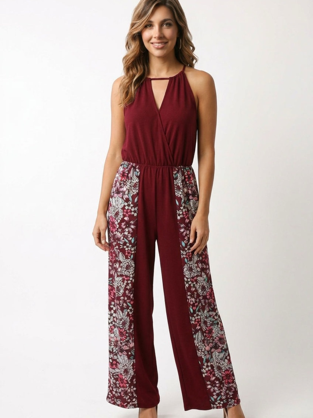 Candie's Burgundy Floral-Panel Halter Jumpsuit